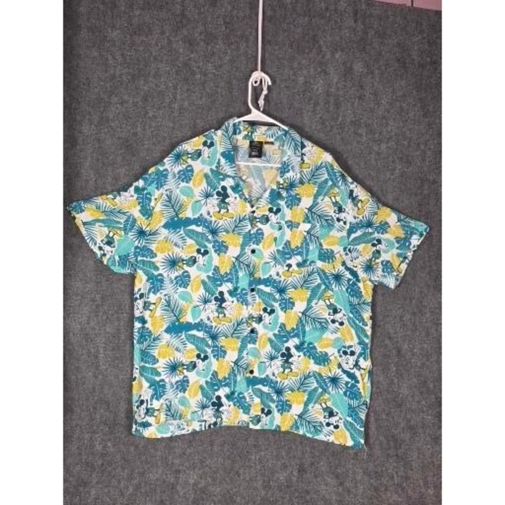 Disney Mickey‎ Mouse Mens 3XL Tropical Rayon Button Down Shirt Teal Yellow Leaf